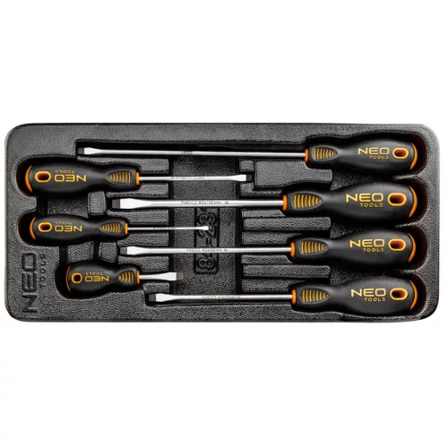 NEO TOOLS Csavarhúzó készlet, lapos 7db, műhelykocsitálcával 25 év garanciával 84-231