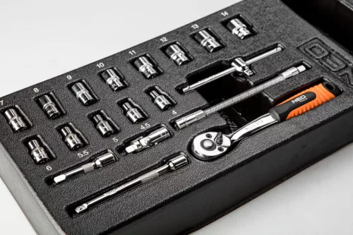 NEO TOOLS Dugókulcskészlet 1/4", 19db, 4-14mm, műhelykocsitálcával 25 év garanciával 84-237