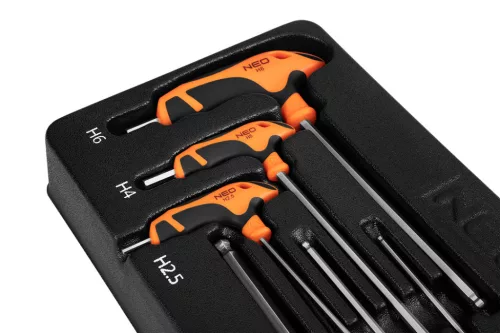 NEO TOOLS IMBUSZKULCS KÉSZLET „T” MARKOLATTAL 6db, MŰHELYKOCSITÁLCÁVAL 84-254