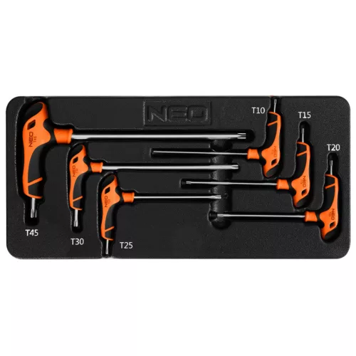 NEO TOOLS Torxkulcs KÉSZLET „T” MARKOLATTAL 6db, MŰHELYKOCSITÁLCÁVAL 84-264