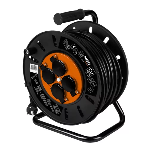 NEO TOOLS Kábeldob, hosszabbító, 30m/3x1,5mm2 réz kábel, 230V, IP20, hőkioldó, műanyag dob, fém keret  90-171