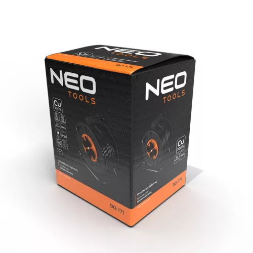 NEO TOOLS Kábeldob, hosszabbító, 30m/3x1,5mm2 réz kábel, 230V, IP20, hőkioldó, műanyag dob, fém keret  90-171