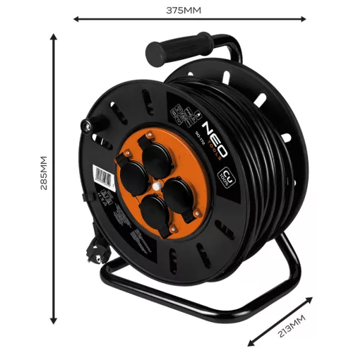 NEO TOOLS Kábeldob, hosszabbító, 40m/3x1,5mm2 réz kábel, 230V, IP20, hőkioldó, műanyag dob, fém keret  90-172