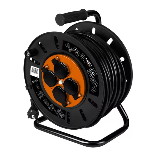 NEO TOOLS Kábeldob, hosszabbító, 30m/3x2,5mm2 réz kábel, 230V, IP20, hőkioldó, műanyag dob, fém keret  90-173