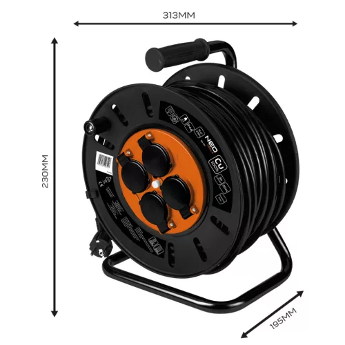 NEO TOOLS Kábeldob, hosszabbító, 30m/3x2,5mm2 réz kábel, 230V, IP20, hőkioldó, műanyag dob, fém keret  90-173