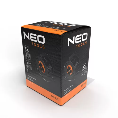 NEO TOOLS Kábeldob, hosszabbító, 50m/3x2,5mm2 réz kábel, 230V, IP20, hőkioldó, műanyag dob, fém keret  90-175