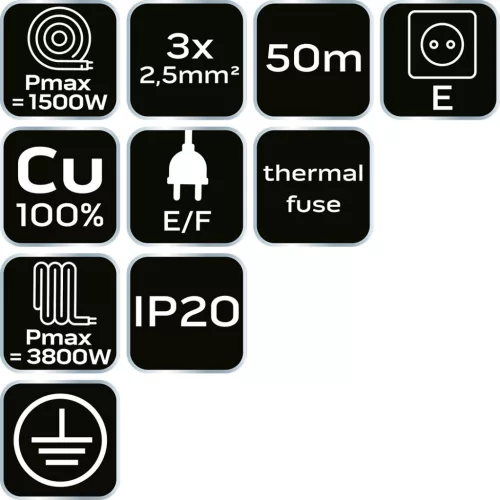 NEO TOOLS Kábeldob, hosszabbító, 50m/3x2,5mm2 réz kábel, 230V, IP20, hőkioldó, műanyag dob, fém keret  90-175