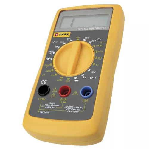 TOPEX MULTIMÉTER Digitális, AC V, DC A, DC V, Ellenállás, Dióda, Akku mérő 1,5V, 9V 94W104