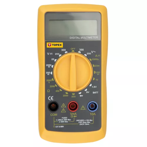 TOPEX MULTIMÉTER Digitális, AC V, DC A, DC V, Ellenállás, Dióda, Akku mérő 1,5V, 9V 94W104