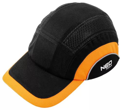 NEO TOOLS Munkavédelmi baseball sapka, merevítettl, fekete és narancssárga, CE 97-592