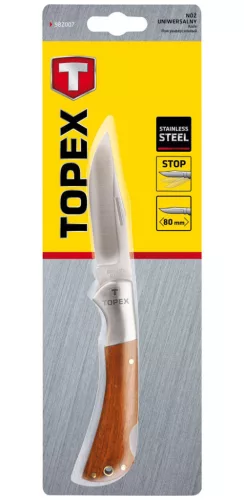 TOPEX Kés, Összecsukható kés retesszel, 8cm penge, fa markolat 98Z007
