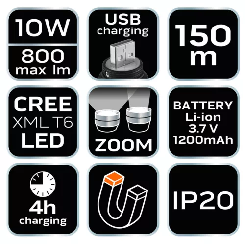 NEO TOOLS Fejlámpa + zseblámpa 2az1-ben, tölthető USB 800lum CREExML-T6 LED, 10W 99-026
