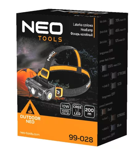 NEO TOOLS Fejlámpa + zseblámpa 2az1-ben, tölthető USB 1000lum, CREE LED, 10W 99-028