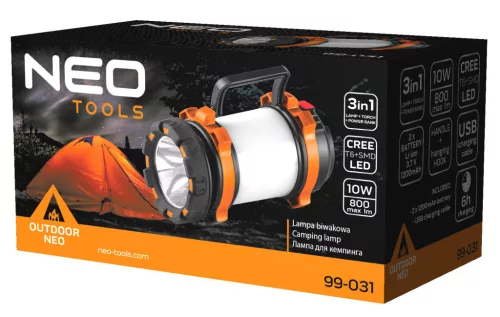 NEO TOOLS Kempinglámpa, tölthető, 3 funkciós, 800lum, CREE T6 + SMD LED, powerbank funkció, 10W 99-031