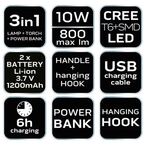 NEO TOOLS Kempinglámpa, tölthető, 3 funkciós, 800lum, CREE T6 + SMD LED, powerbank funkció, 10W 99-031