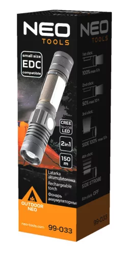 NEO TOOLS Zseblámpa, tölthető, 2 funkciós, USB, 800lum CREE T6 LED, 10W 99-033