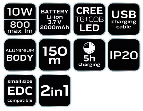 NEO TOOLS Zseblámpa, tölthető, 2 funkciós, USB, 800lum CREE T6 LED, 10W 99-033