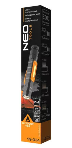 NEO TOOLS Zseblámpa, tölthető, 2 funkciós USB 300lum, CREExPE + COB LED, 3W 99-034