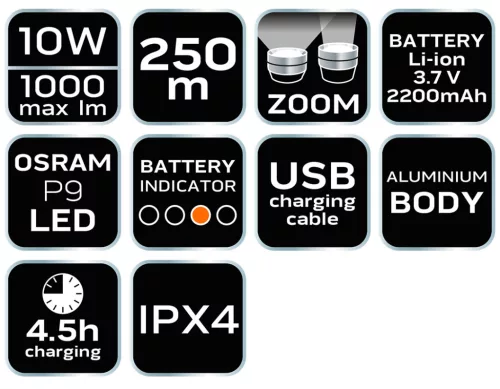 NEO TOOLS Zseblámpa tölthető, USB, 1000lum, OSRAM P9 LED, 10W 99-035