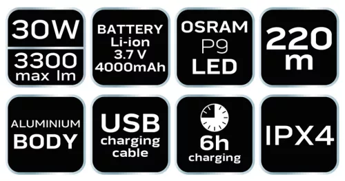 NEO TOOLS Zseblámpa, tölthető, USB, 3300lum, OSRAM P9 LED, 30W 99-037