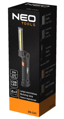 NEO TOOLS Akkus műhely-vizsgálólámpa, tölthető, 200lum COB LED, 3W 99-041