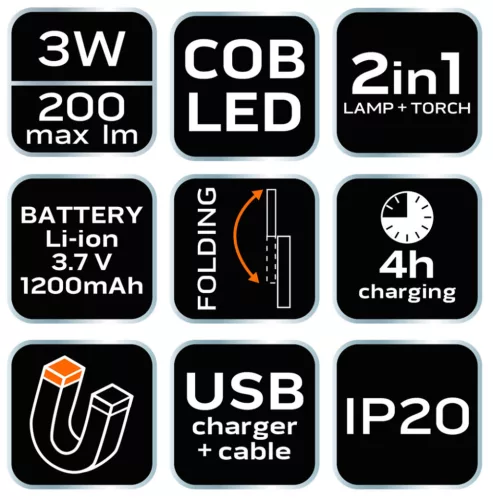 NEO TOOLS Akkus műhely-vizsgálólámpa, tölthető, 200lum COB LED, 3W 99-041