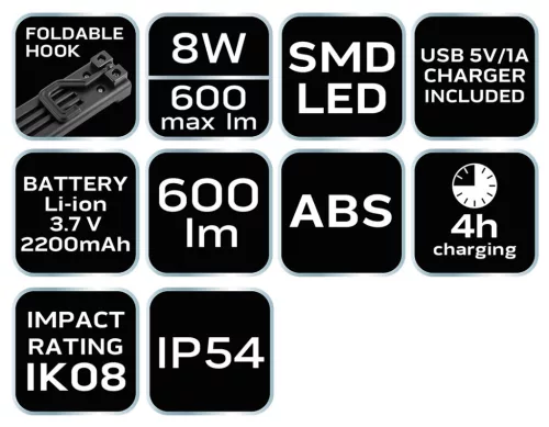 NEO TOOLS Akkus műhely-vizsgálólámpa, tölthető, 10W, SMD 600 lum 99-043