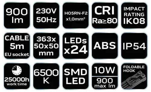 NEO TOOLS Műhely-vizsgálólámpa 10W, 900lum SMD, 5m kábel 2 év garanciával 99-044