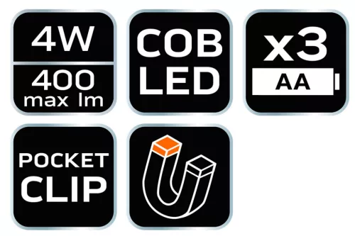 NEO TOOLS Műhely-vizsgálólámpa, elemes 3xAA, 400lum COB LED, 4W 99-045