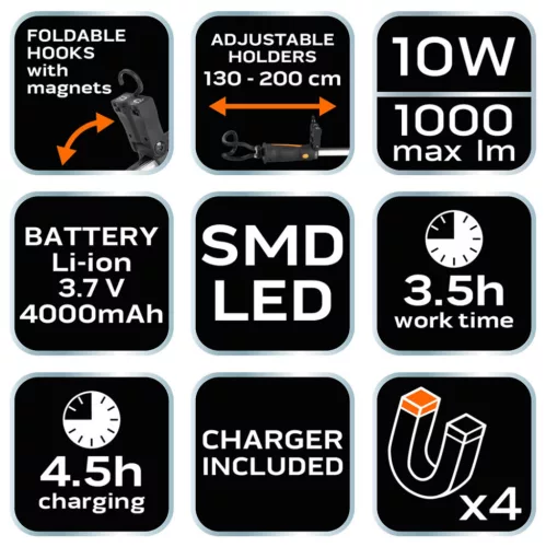 NEO TOOLS Akkus műhely-vizsgálólámpa motortérbe, tölthető, SMD LED, 1000lum, 10W 99-048