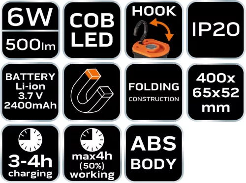 NEO TOOLS Akkus műhely-vizsgálólámpa, tölthető, 500lum SMD LED 99-066