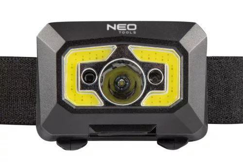 NEO TOOLS Fejlámpa, tölthető, USB, 250 lum, COB LED + mozgásérzékelővel 99-073