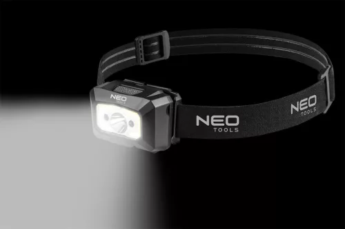 NEO TOOLS Fejlámpa, tölthető, USB, 250 lum, COB LED + mozgásérzékelővel 99-073