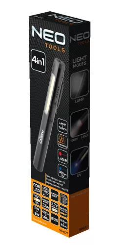 NEO TOOLS Akkus műhely-vizsgálólámpa, lézer, UV, tölthető, 450lum COB LED, 10W 99-077