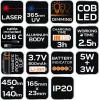 NEO TOOLS Akkus műhely-vizsgálólámpa, lézer, UV, tölthető, 450lum COB LED, 10W 99-077
