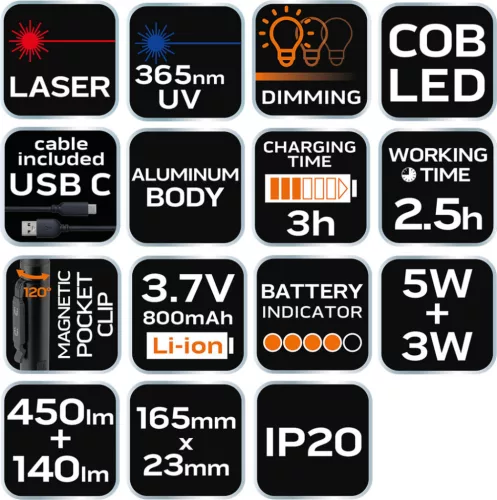 NEO TOOLS Akkus műhely-vizsgálólámpa, lézer, UV, tölthető, 450lum COB LED, 10W 99-077