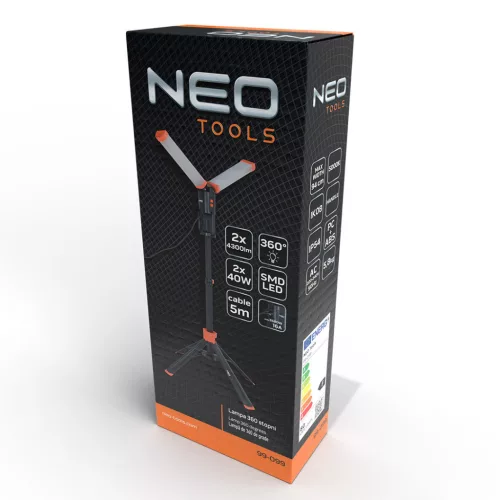 NEO TOOLS Állványos reflektor, 2x4300 lum LED fényforrás, 360fokban elforgatható 2 év garanciával 99-099