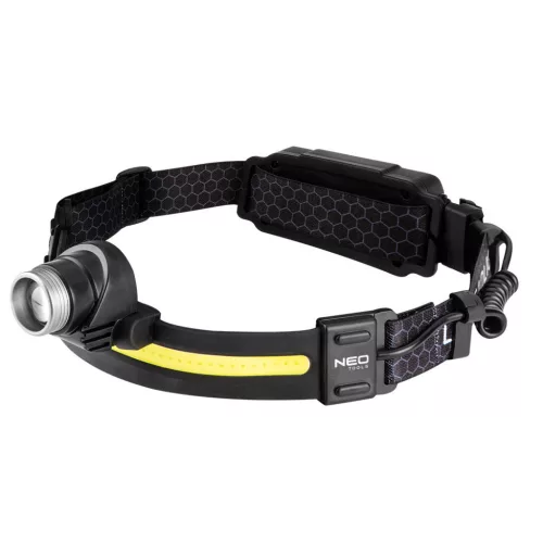 NEO TOOLS Fejlámpa, XPG+COB led, 400lm fényerő, ABS és gumi pánt, beépített akku, töltéskijelző 99-117