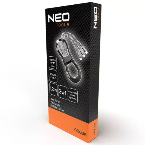 NEO TOOLS USB töltőkábel, 3az 1ben, 1.2m, USB-A bemenet, USB-C, Lightning, Micro USB kimenetek GD038