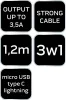NEO TOOLS USB töltőkábel, 3az 1ben, 1.2m, USB-A bemenet, USB-C, Lightning, Micro USB kimenetek GD038