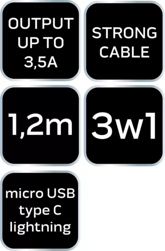 NEO TOOLS USB töltőkábel, 3az 1ben, 1.2m, USB-A bemenet, USB-C, Lightning, Micro USB kimenetek GD038