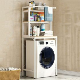   3 szintes masszív fém fürdőszobai polcrendszer mosógép fölé fa polcokkal, fehér - 175 cm