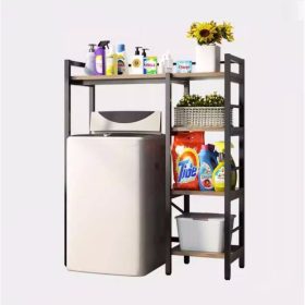   Elite Home® 4 szintes, masszív fém fürdőszobai polc felültöltős mosógép fölé fa polcokkal, fekete - 134 cm