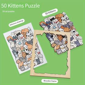   50 db-os fa puzzle, vegyes színekben, szabálytalan alakú kutya, macska, panda kialakítás