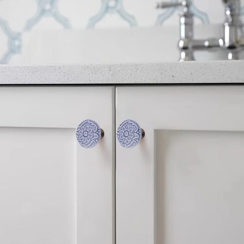 6db kék-fehér porcelán kerámia fiókgomb kihúzó fogantyúk