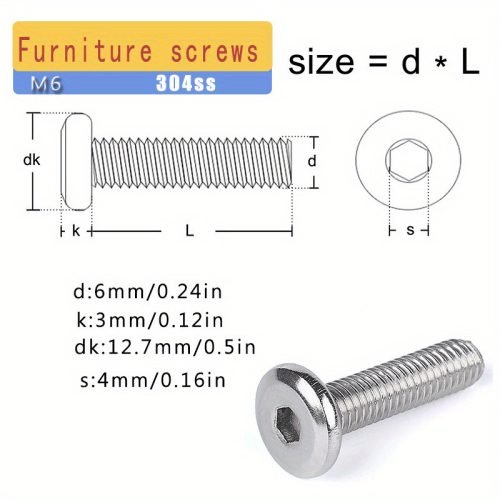 304-es rozsdamentes acél belső hatszögletű laposfejű fordított élű bútorcsavar M6