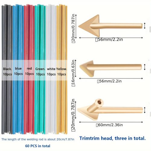 Professzionális műanyag hegesztő készlet 60 pálcával és 3 fúvókaheggyel, fém és műanyag anyaghoz