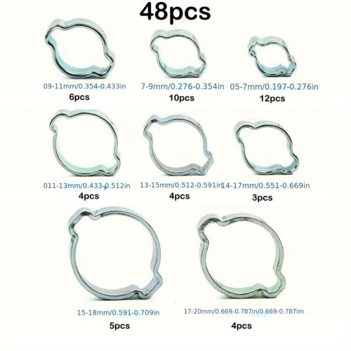 48 db-os Cinkbevonatú Rozsdamentes Acél Dupla Fülű Tömlőbilincs Készlet