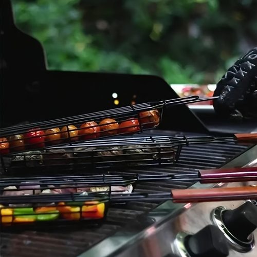 Rozsdamentes Acél Kebab Grillező Kosár Fa Nyéllel