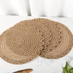   4 darabos Elegáns Juta Szövésű Asztali Alátétek Horgolt Szegéllyel
